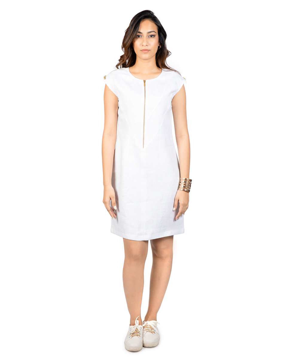 White Italian linen A-line dress with gold zipper