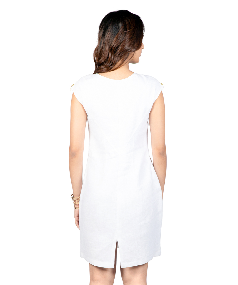 White Italian linen A-line dress with gold zipper