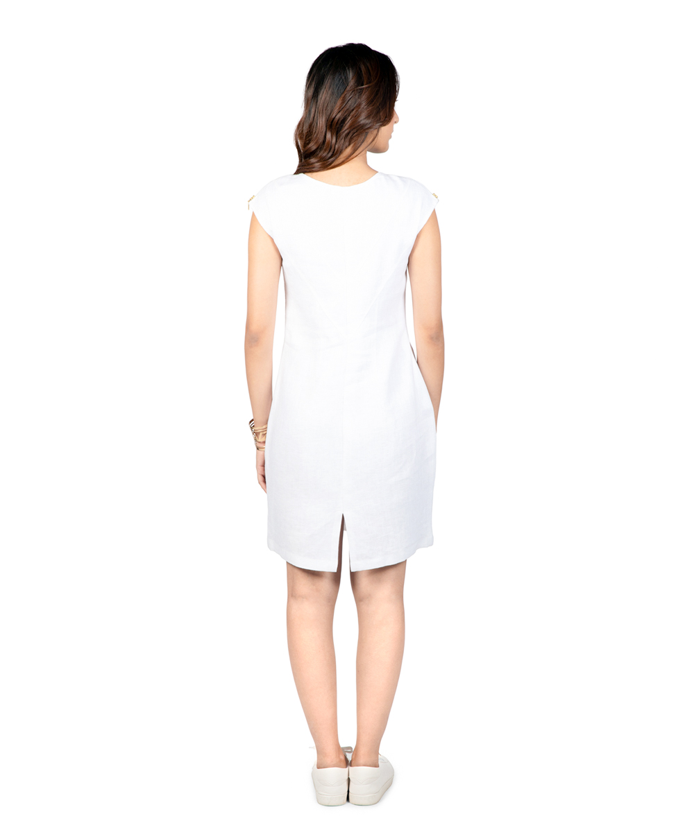 White Italian linen A-line dress with gold zipper