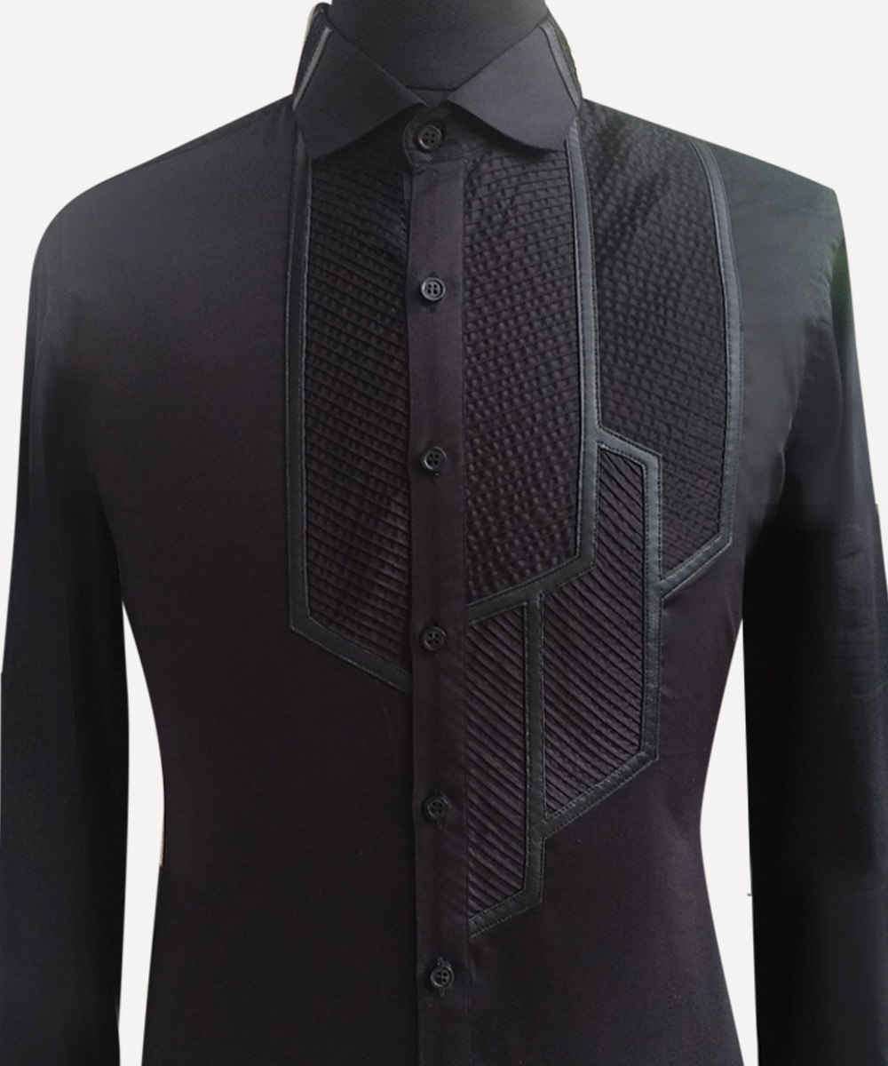 Black Shirt With Micro Pleating And Leather Applique Work