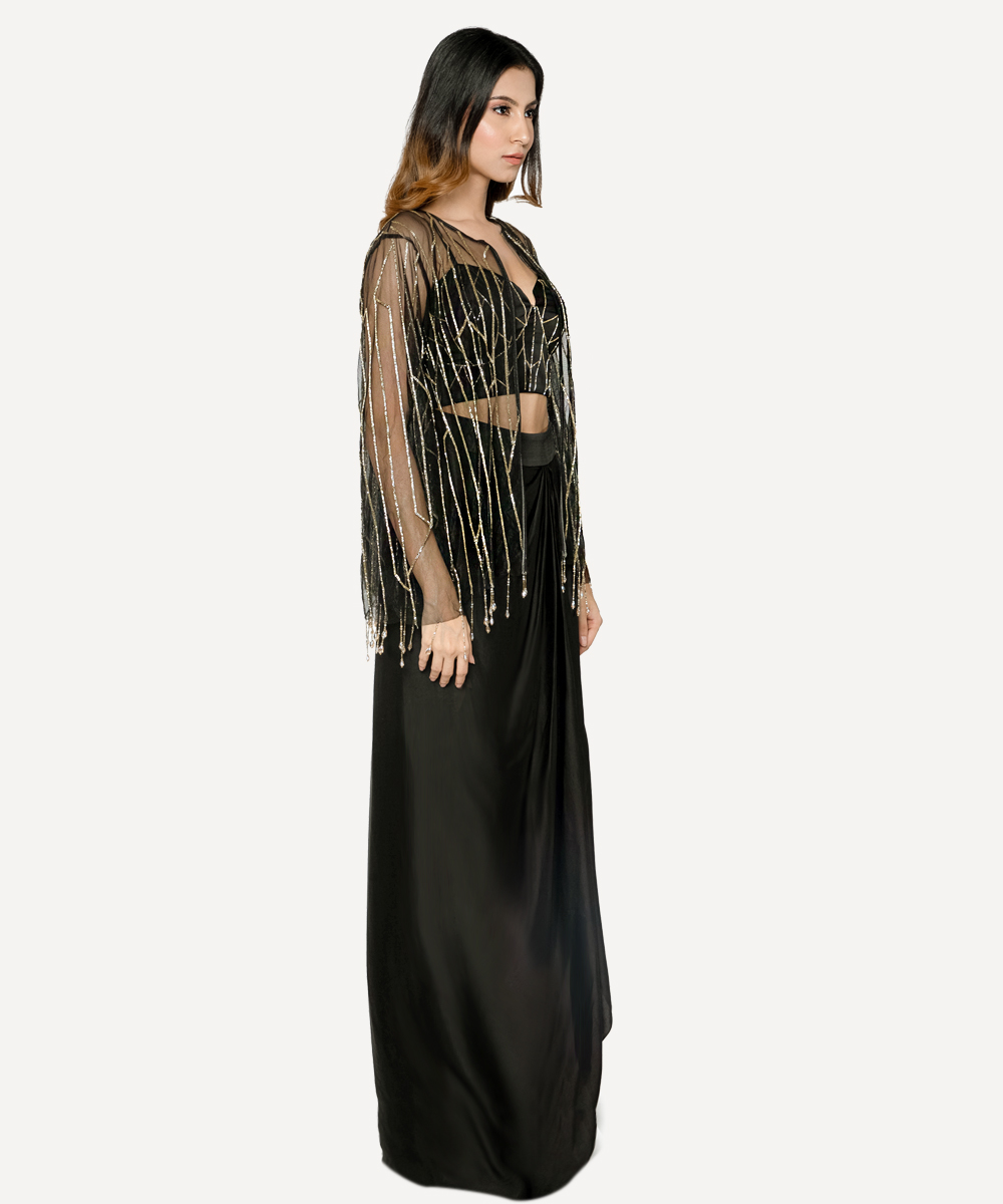 Black Embroidered Bustier Cape and Draped Skirt Set