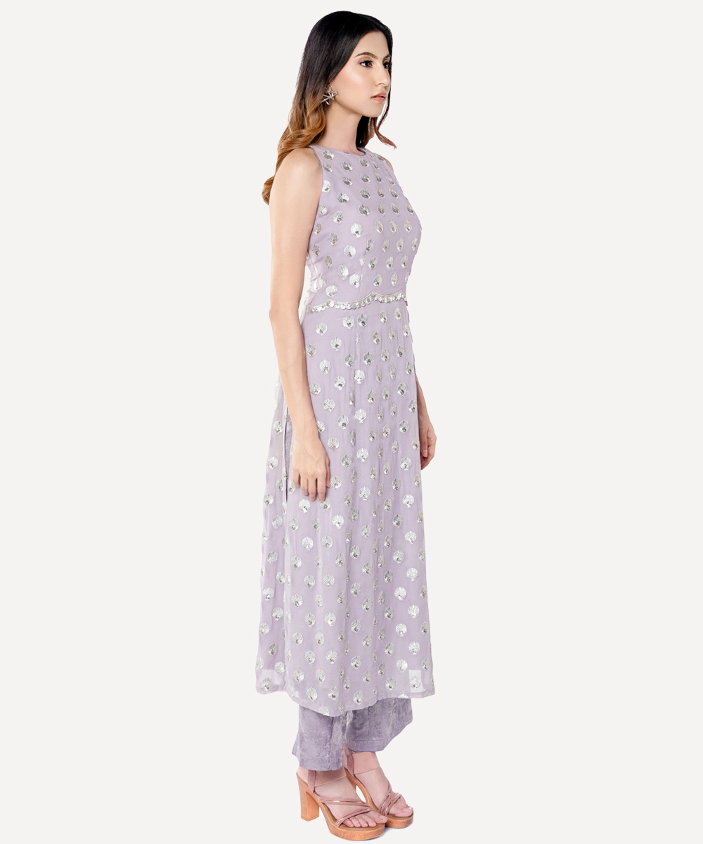 Lavender Kurta With Sequin Work And Matching Trousers Set
