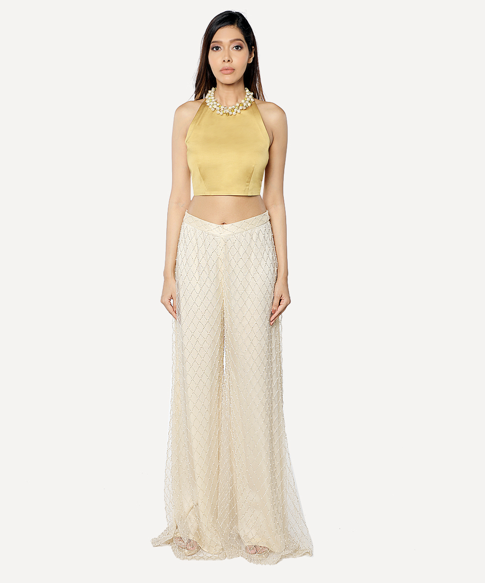 Mustard Top With Pearl Neckline & Flared Pants Set