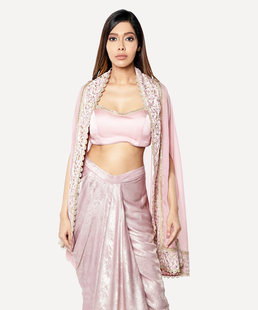Powder Pink Skirt, Bustier and Embroidered Cape Set