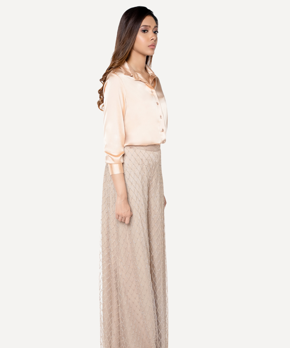 Silk Satin Stretch Shirt with Flared Embellished Trousers