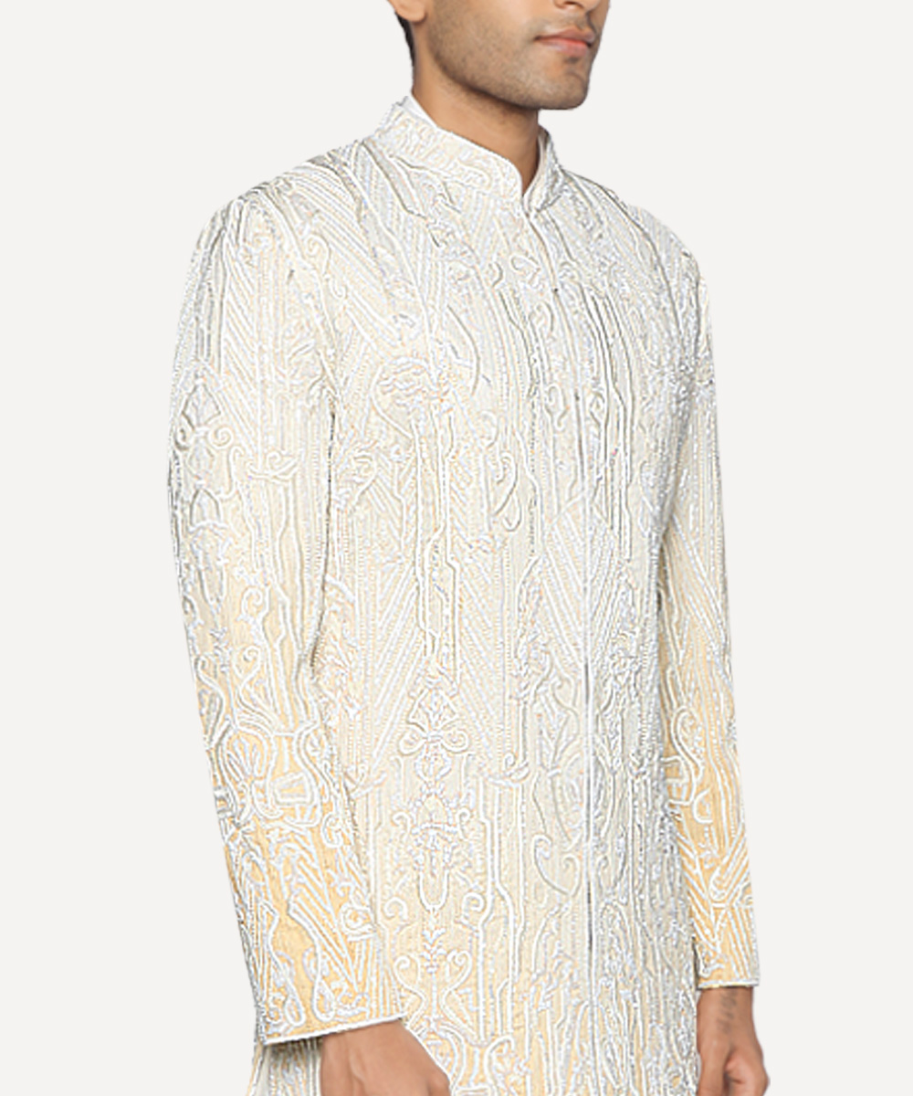 Ivory And Lemon Gradient Sherwani With Intricate Embroidery And Embellishments