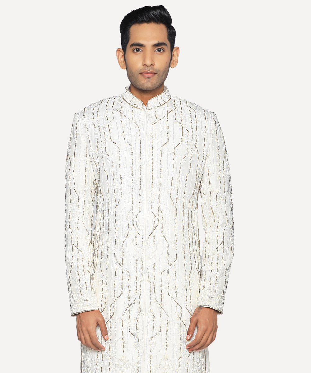 Ivory Sherwani With Architectural Embroidery And Embellishments